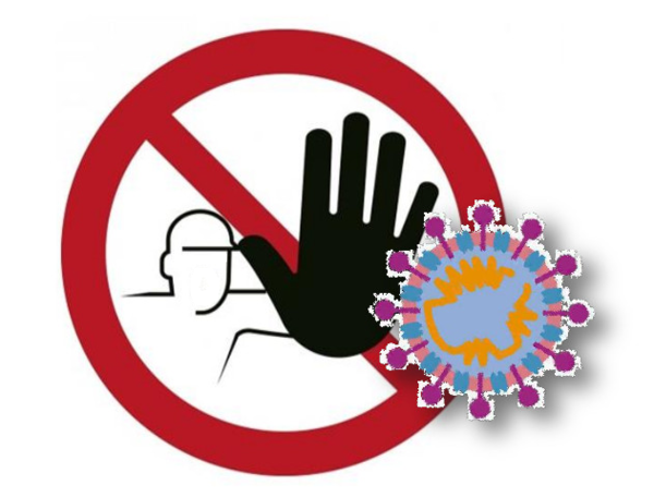 Auf diesem Bild ist ein Mann gezeichnet, der sich in einem roten Kreis befindet, ähnlich wie hinter einem Fenster, und seine Hand mit schwarzem Handschuh aus dem Kreis hält um das Corona-Virus zu stoppen.