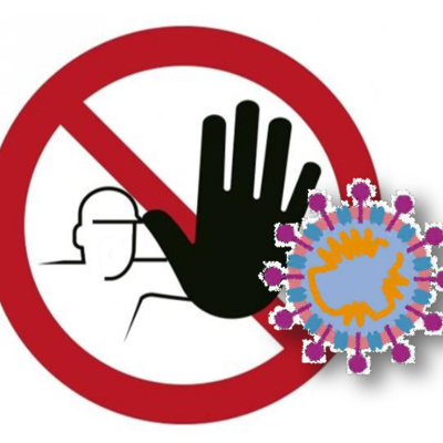 Auf diesem Bild ist ein Mann gezeichnet, der sich in einem roten Kreis befindet, ähnlich wie hinter einem Fenster, und seine Hand mit schwarzem Handschuh aus dem Kreis hält um das Corona-Virus zu stoppen.